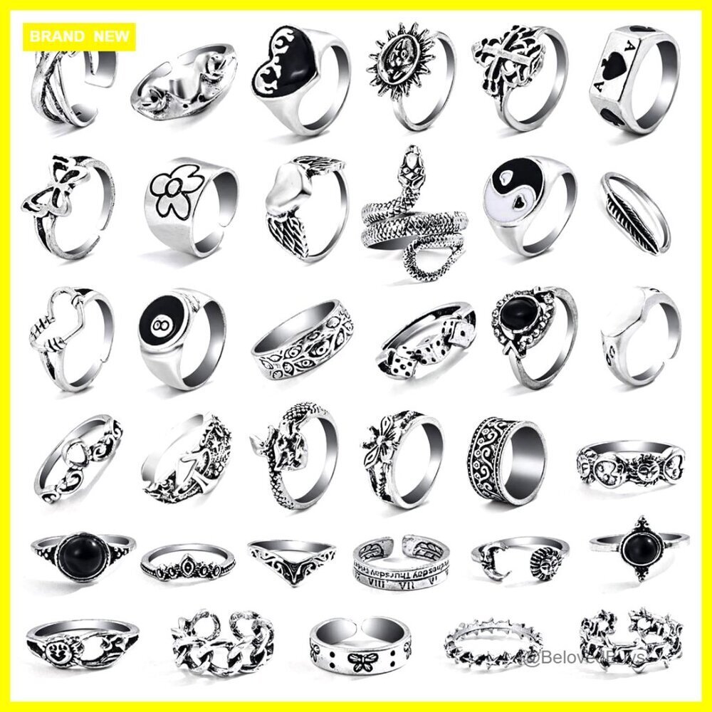 35 Piece Vintage Silver Knuckle Ring Set Adjustable Stackable Gothic Punk